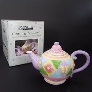 Oneida Kitchen Country Bouquet Collectible Mini Teapot -Butterfly Patchwork